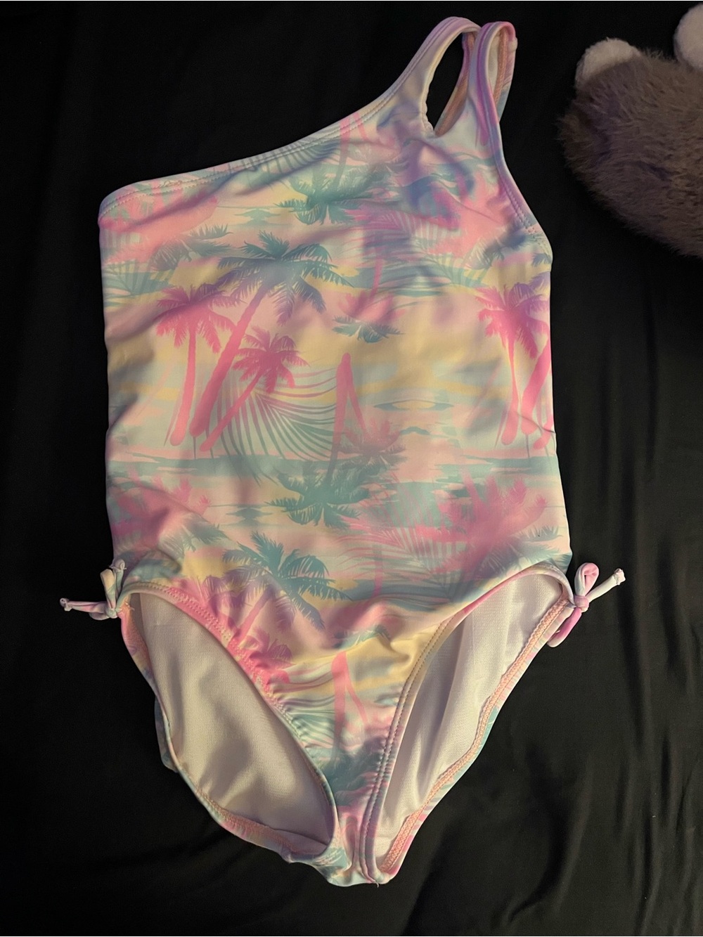 One-Shoulder Pastel Palm Print Girls' Swimsuit